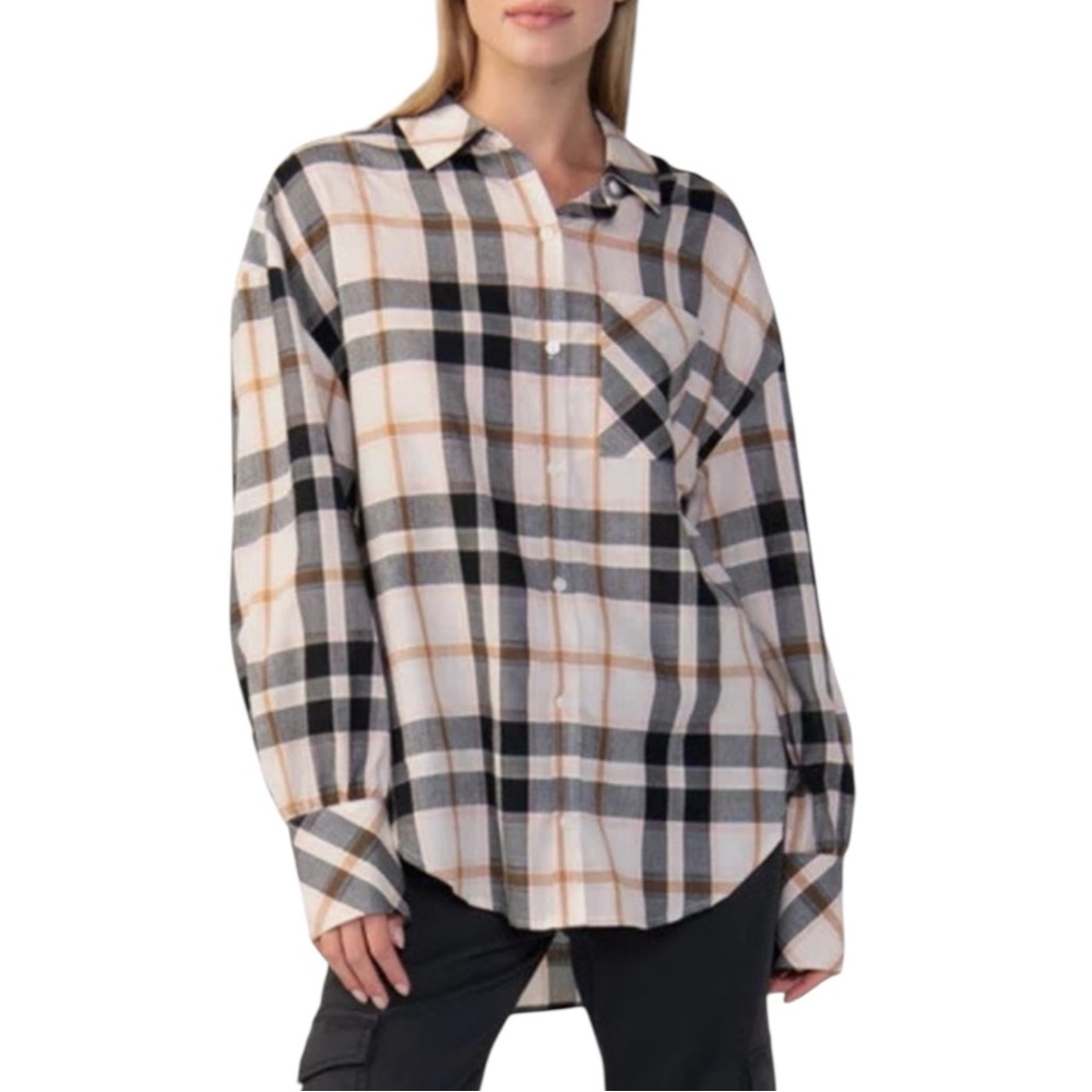 SANCTUARY Plaid Button Down Shirt in Tan/Black/White Size XS -- Feminine!!!